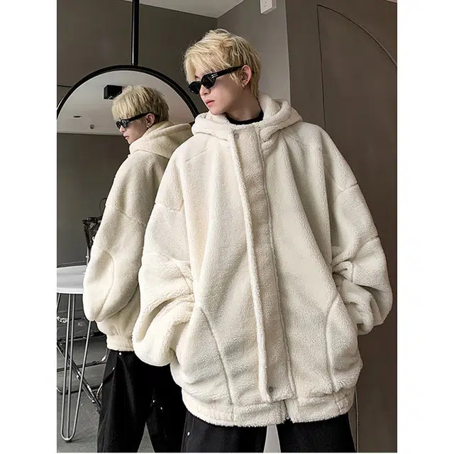 拓菲 羊羔绒外套男秋冬季美式潮牌复古休闲加绒加厚连帽棉衣棉服 男女同款