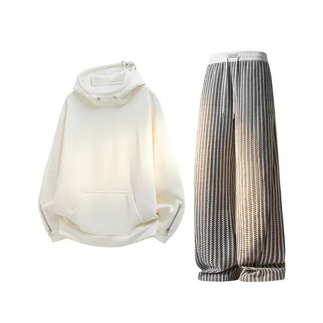 素杭 美式高街设计感拉链连帽卫衣外套搭配松紧腰直筒阔腿长裤两件套潮牌穿搭一整套休闲运动套装 男女同款