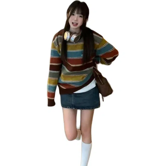 纤丝鸟 学院风彩虹条纹外套女慵懒风宽松软糯可爱打底针织衫 女款