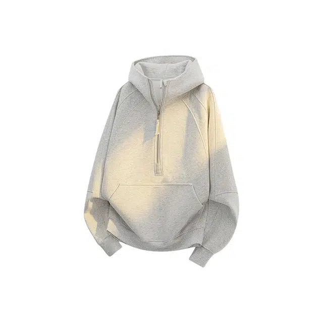 虫小绿 美式高街简约纯色半拉链连帽基础款插肩长袖宽松百搭大码上衣外套日系复古舒适柔软亲肤日常通勤帽衫卫衣 男女同款