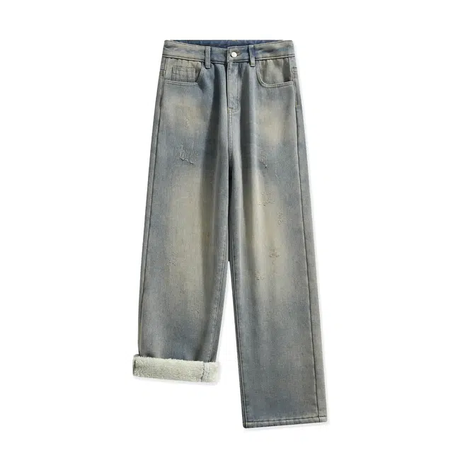 范索米 冬季加绒款 美式潮流基础百搭直筒阔腿休闲牛仔裤 男女同款