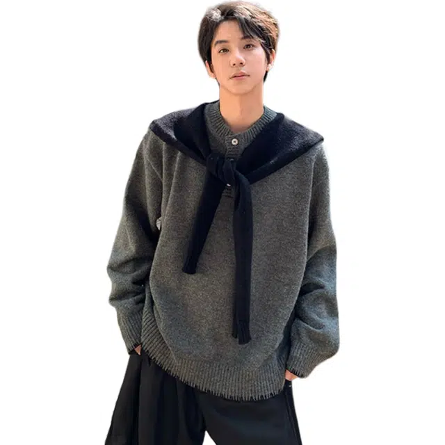 蛊惑 美式复古披肩假两件圆领毛衣外套韩系早秋穿搭慵懒风宽松针织衫 男女同款