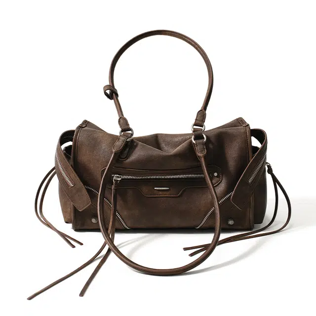 西木汀 德鲁纳 小众设计百搭通勤休闲简约时尚复古高级感手提机车包波士顿包 牛皮 单肩包 女款 檀木棕