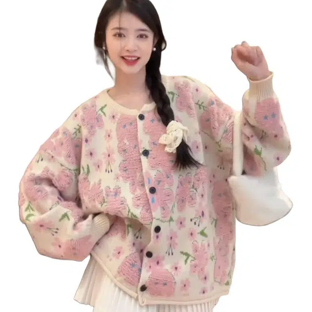 纤丝鸟 韩版复古花朵设计感软糯圆领开衫减龄长袖上衣外穿针织衫 女款