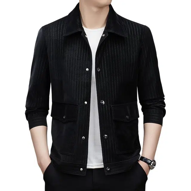 卡丹狄诺 潮流时尚痞帅年轻款条纹翻领皮夹克外套男单排扣铆钉挺括有型轻奢高级感皮衣 男款