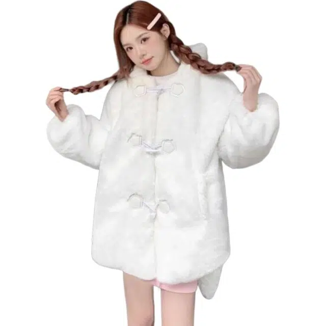 纤丝鸟 长袖立领设计兔子耳朵毛绒日系学院可爱外套针织衫 女款