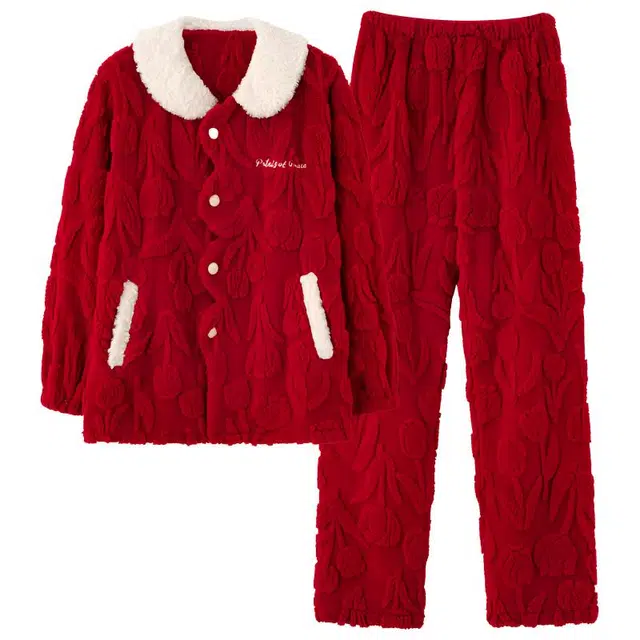 莫代尔 珊瑚绒女士秋冬季加绒厚保暖大红喜庆结婚家居服舒适睡衣套装 女款