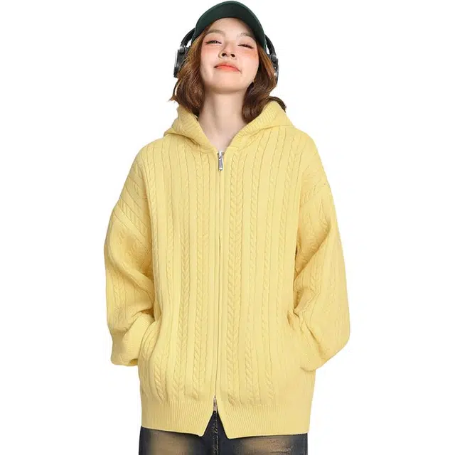 洋气先生 港风潮牌时尚潮流简约软糯慵懒舒适宽松连帽开衫拉链外穿上衣长袖日常通勤基础款甜美酷帅无性别主义休闲百搭针织衫 男女同款