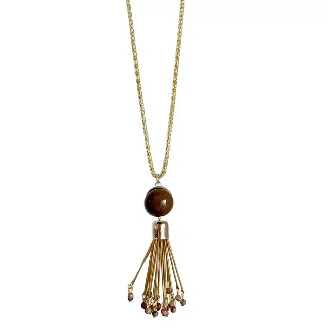 尚先生 金色简约优雅吊坠长款流苏时尚复古长款编织绳女小众独特民族风流苏毛秋冬复古挂脖配饰 皮革及树脂蜡绳 项链 女款