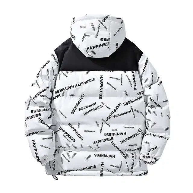 棉基因 冬季满印字母撞色连帽优质棉棒球服保暖高个小个子日系男简约潮流夹棉袄子美式高街工装风青少年职场通勤学院风棉衣外套 男女同款