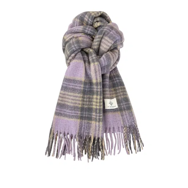 恩僾德 气质紫色格子马海毛秋冬季保暖百搭高级感 聚酯纤维 绒线围巾 男女同款情侣款