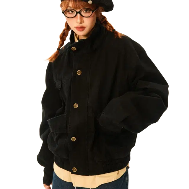 一碗士多  纯色工装口袋立领廓形静默美式复古水洗帆布高级感设计无性别主义宽松舒适百搭日常城市通勤情侣出街拍照痞帅风棒球服 男女同款