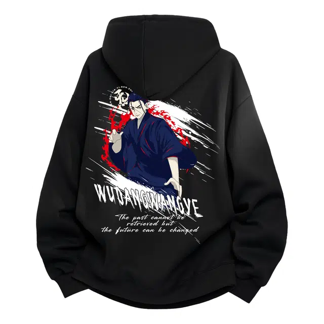 一人之下  美式高街后背涂鸦卡通人物王也图案设计字母印花时尚休闲百搭宽松落肩袋鼠兜经典抽绳潮流格纹连帽套头卫衣 男女同款