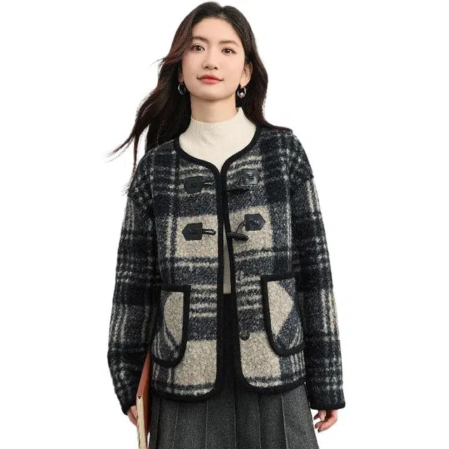 佐塞斯 高端品质轻奢复古小香风毛呢短款小个子牛角扣长袖截短外套 女款