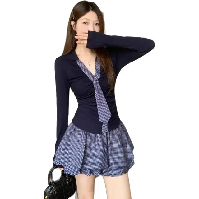 纤丝鸟 纯欲风辣妹独特设计感收腰显瘦领带长袖上衣格纹半身裙两件裙装套装 女款