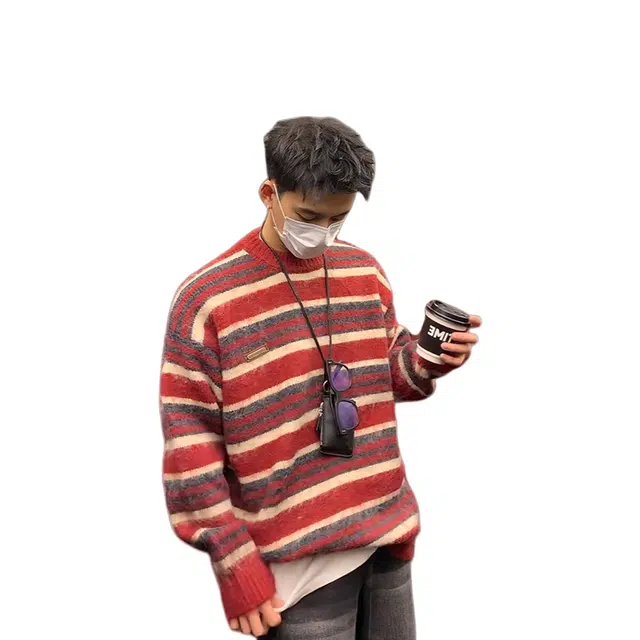 虫小绿 美式复古条纹撞色套头慵懒风仿貂绒秋冬季潮流痞帅保暖宽松打底长袖圆领上衣百搭休闲针织衫 男女同款