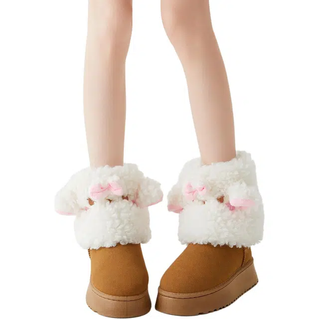 棉芝士 棉芝士可爱毛绒绒小兔子袜套冬季保暖腿套学院风少女堆堆袜中筒袜 女款