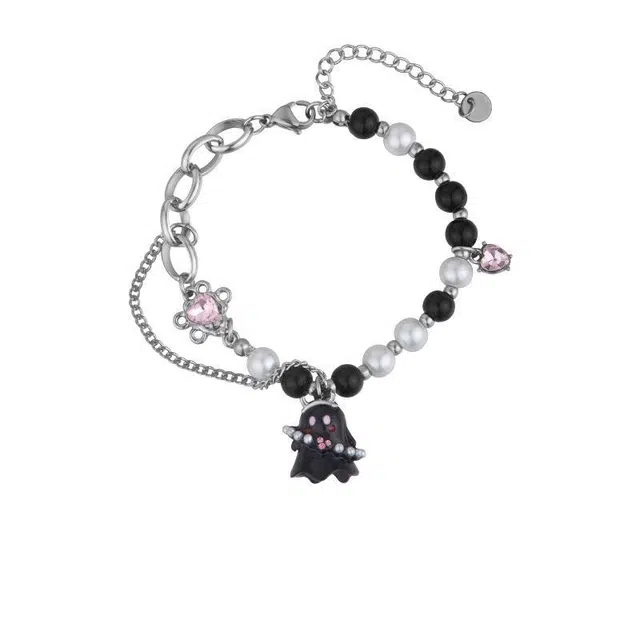 清脆小溪 黑色小幽灵新中式配饰暗黑系小众冷淡风高级感甜酷辣妹嘻哈简约设计可爱卡通气质日常百搭 合金 手链 男女同款情侣款