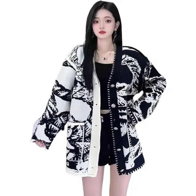 纤丝鸟 高级感气质宽松时髦印花百搭长袖开衫外套女针织衫 女款