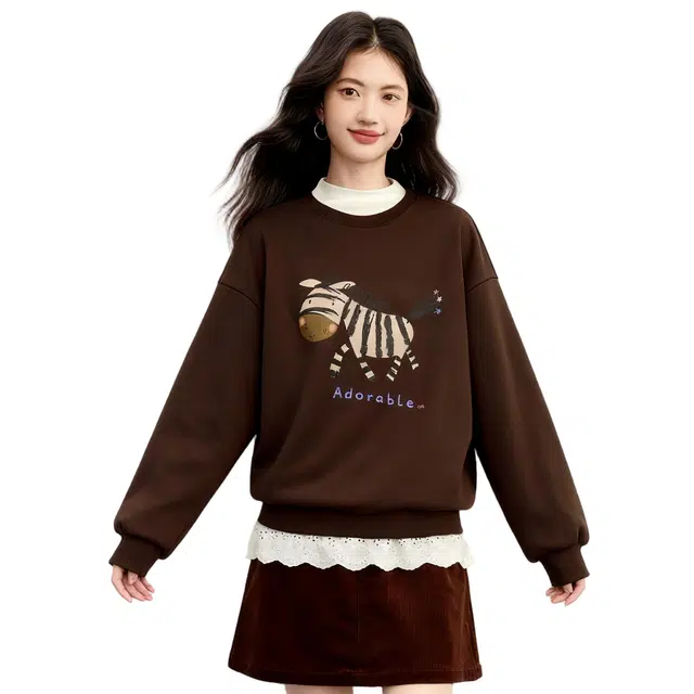 佐塞斯 高端品质轻奢萌宠系列小马印花加绒秋冬套头松弛宽松落肩上衣卫衣 女款