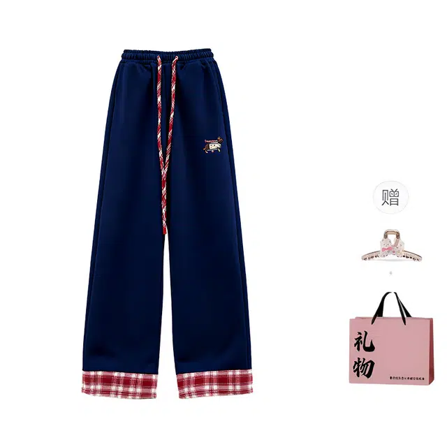 柏黛妃 复合格子拼接高质量 美式加绒卫裤直筒裤潮森素格纹裤女运动显瘦长裤女休闲裤 女款