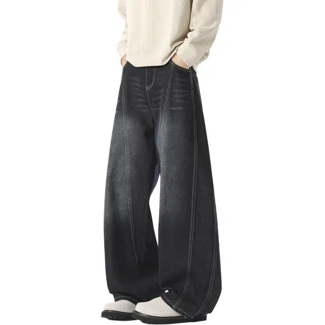 加荣 美式刺绣做旧水洗阔腿裤男士秋季宽松牛仔裤男解构复古直筒裤男装时尚潮牌男生可系皮带松紧腰拖地裤男款休闲长裤 男女同款