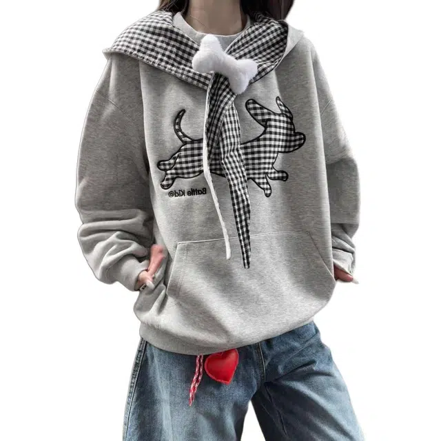 小卷要加油 美式刺绣小狗格子绑带连帽薄女秋冬慵懒学院风设计感外套卫衣 女款