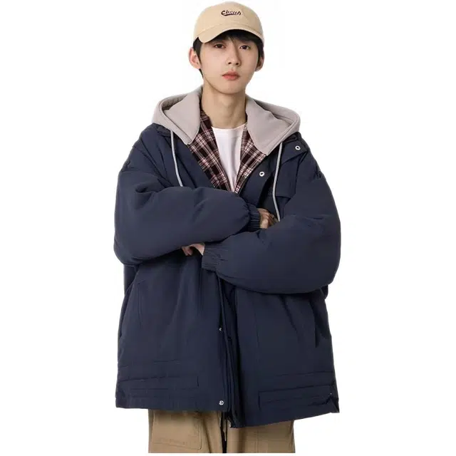 木木兔 美式假两件宽松潮牌面包工装棉服 男款