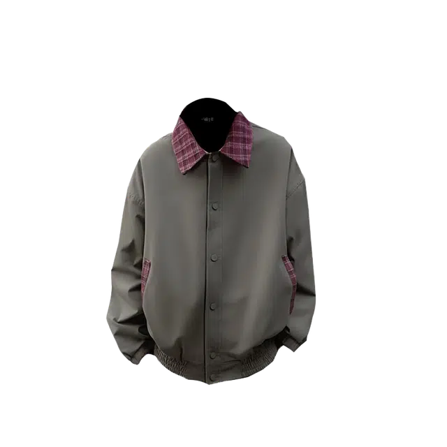 一碗士多  撞色拼接翻领格子静默美式复古个性化设计简约舒适无性别主义日常情侣城市户外通勤出街拍照休闲宽松学院风棒球服 男女同款