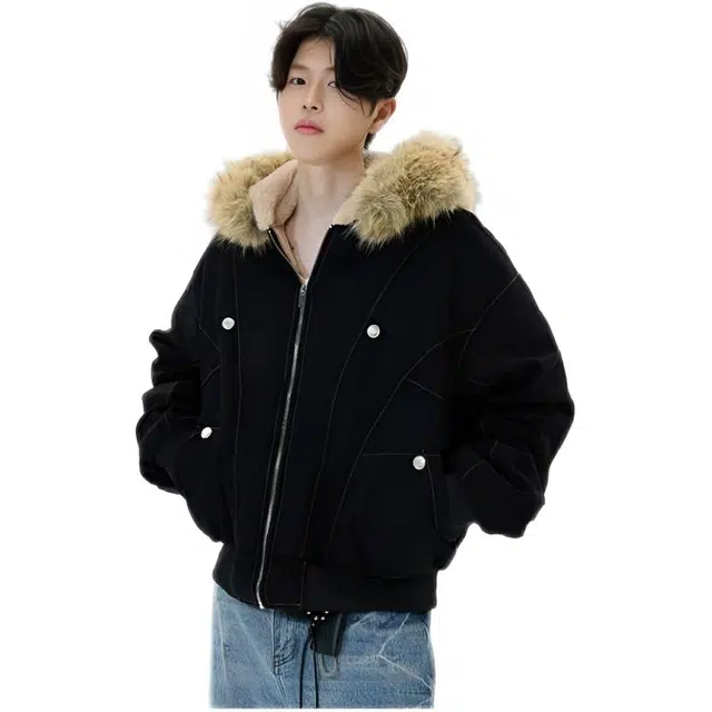 木木兔 国潮座山雕毛绒连帽棉服宽松棉衣夹棉外套 男款