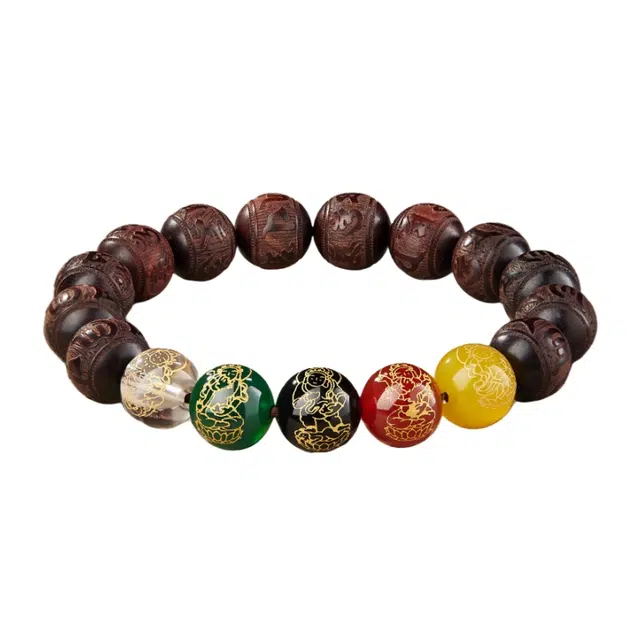 宣华意 平安喜乐 五色 五路财神转运珠 新中式国潮高端 六字真言 文玩檀香木质佛珠 招财纳福好运 紫檀属 木作手串 男女同款情侣款