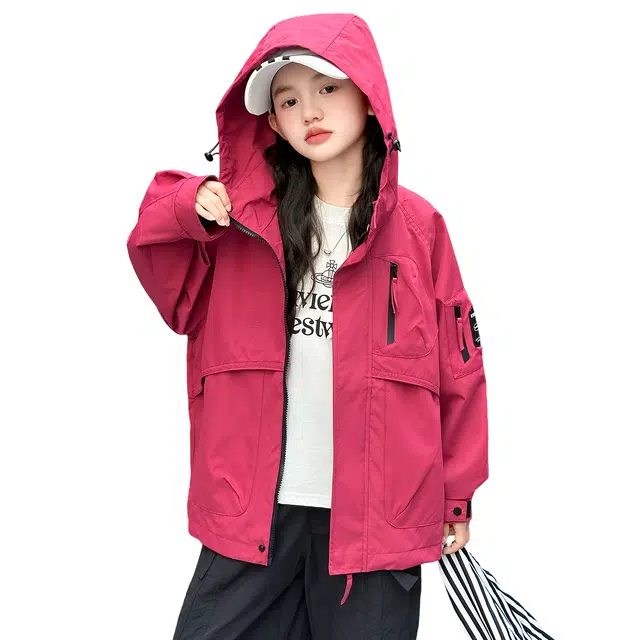 帕兰朵 派克服 女童秋冬款夹棉加厚冲锋衣外套女大童时尚潮流舒适洋气百搭工装连帽上衣潮酷秋装 青少年