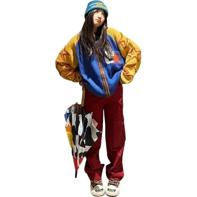 纤丝鸟 美式复古撞色开衫设计感小众百搭外套潮针织衫 女款