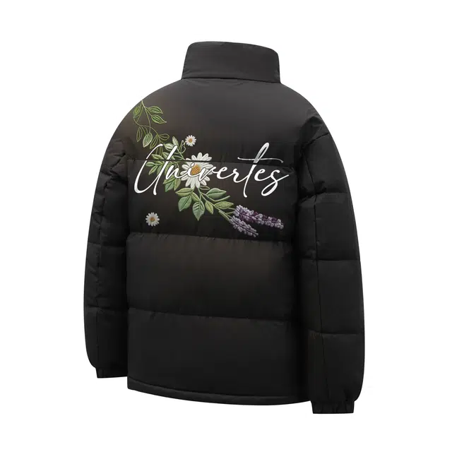 物质公式 鸭绒美式复古高街仿刺绣植物花卉字母印花设计感小众无帽潮流宽松百搭休闲户外通勤加厚保暖锁温御寒不臃肿面包服羽绒服 男女同款