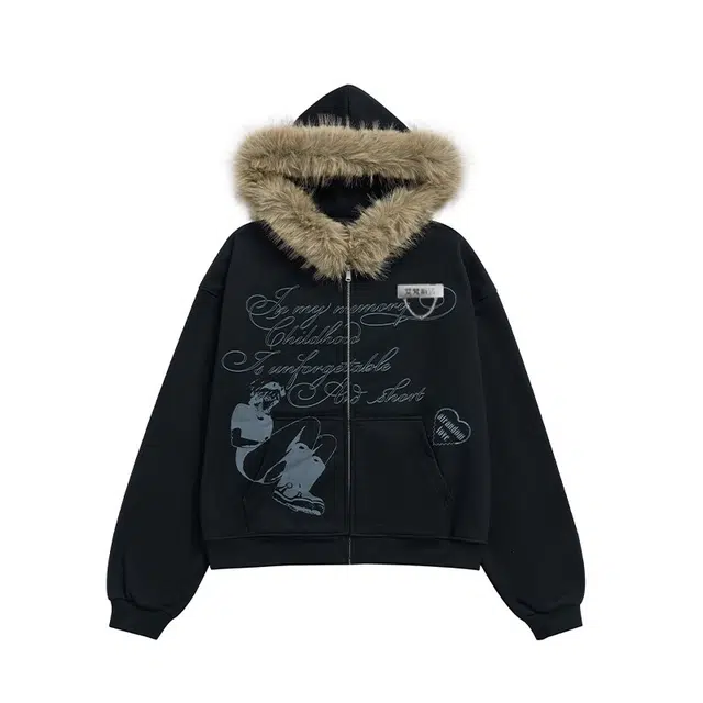 艾梵斯贝 美式复古潮流字母印花拉链毛领小众设计款无性别日常通勤百搭宽松休闲时尚高级感个性街头高街风情侣款开衫卫衣 男女同款