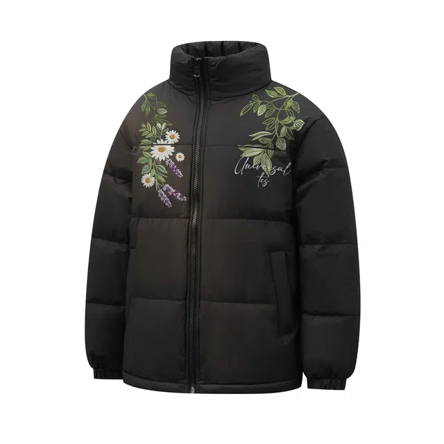 物质公式 鸭绒美式复古高街仿刺绣植物花卉字母印花设计感小众无帽潮流宽松百搭休闲户外通勤加厚保暖锁温御寒不臃肿面包服羽绒服 男女同款