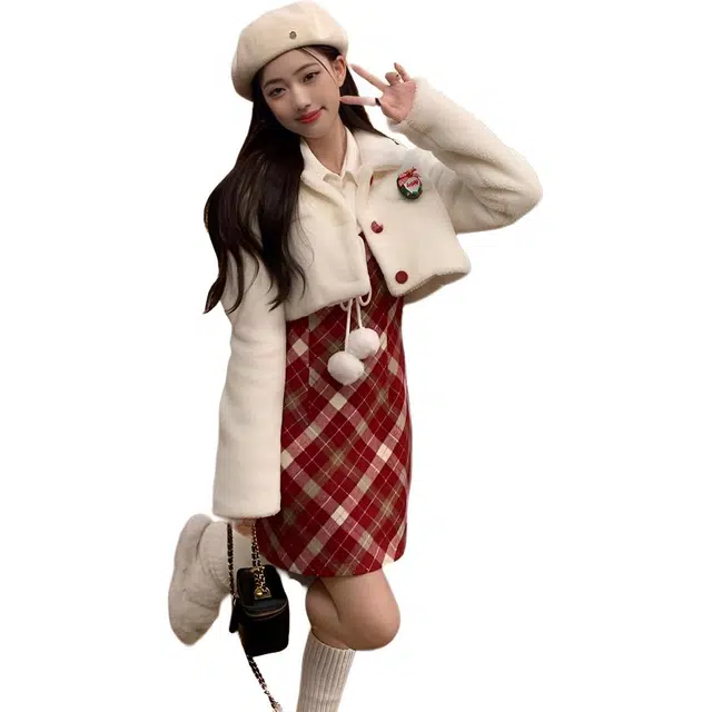 小卷要加油 学院风假两件拼接毛呢连衣裙女早春收腰显瘦红色格子诞穿搭裙子裙装套装 女款