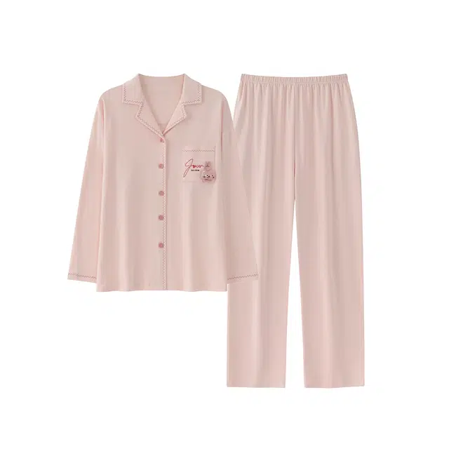 宫蝶 简约风柔软长袖家居服宽松休闲开衫可外穿大码睡衣套装 男女同款