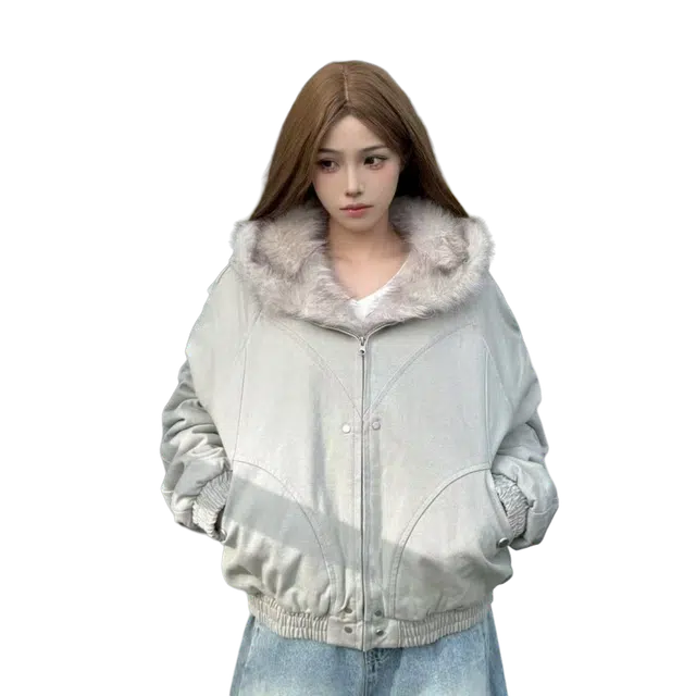 一碗士多 解构裁片纯色毛绒连帽座山雕防风保暖小众高级设计感工装无性别主义不挑人宽松舒适百搭日常城市户外通勤情侣慵懒风棉服 男女同款