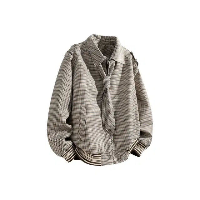 虫小绿 高级小众设计嘻哈美式学院风拼接可拆卸领带千鸟格翻领日常通勤百搭休闲慵懒风气质舒适复古宽松小香风情侣外套夹克 男女同款