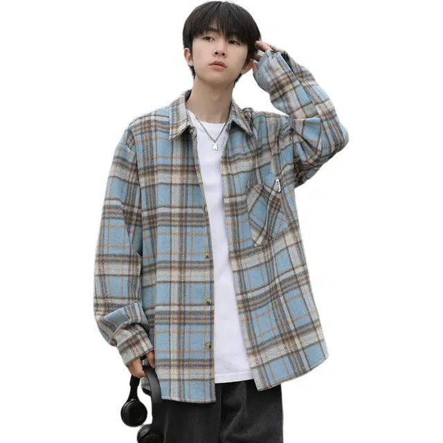 拓菲 美式春秋格子外套男士潮流休闲韩版复古百搭格纹宽松长袖衬衣衬衫 男女同款
