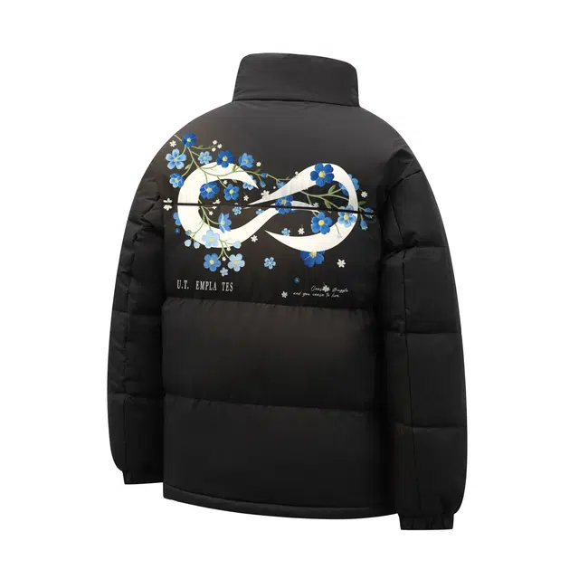 物质公式 鸭绒美式复古高街仿刺绣植物花卉无限循环字母印花小众设计无帽潮流宽松百搭休闲户外通勤加厚保暖御寒不臃肿面包羽绒服 男女同款