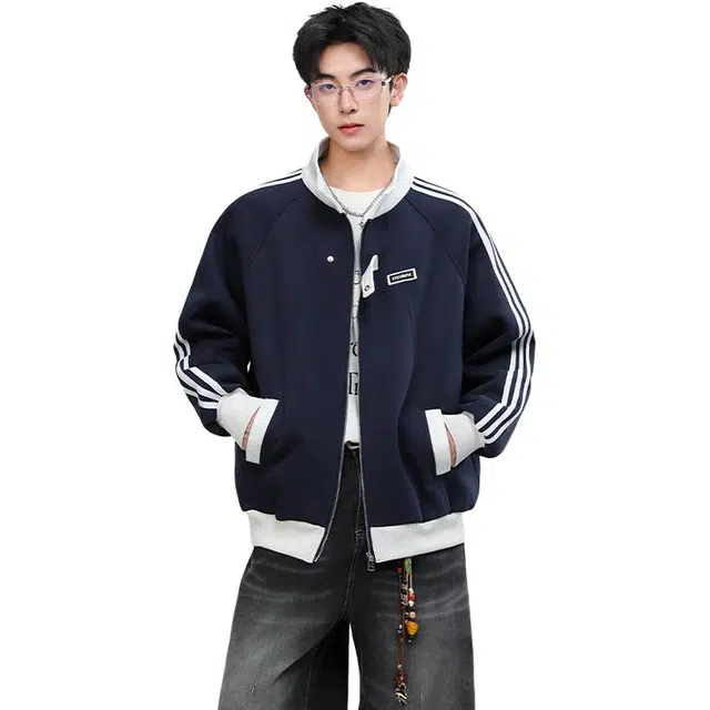 佐菲利  美式撞色拼接条纹运动夹克潮牌立领外套宽松开衫棒球服 男女同款