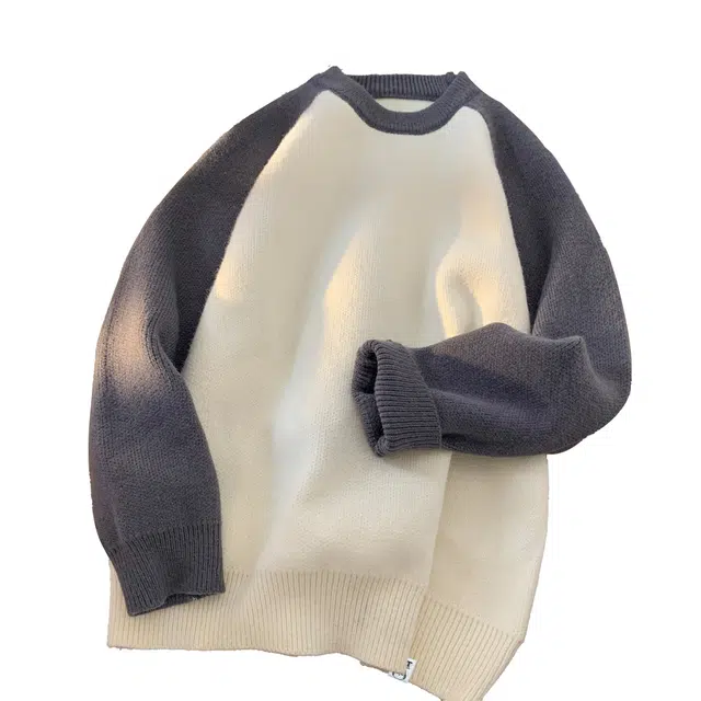 吾皇猫 慵懒风美式复古基础款简约百搭圆领套头秋冬款打底衫舒适透气时尚学院风拼接拼色长袖针织保暖上衣内搭休闲毛衣 男女同款