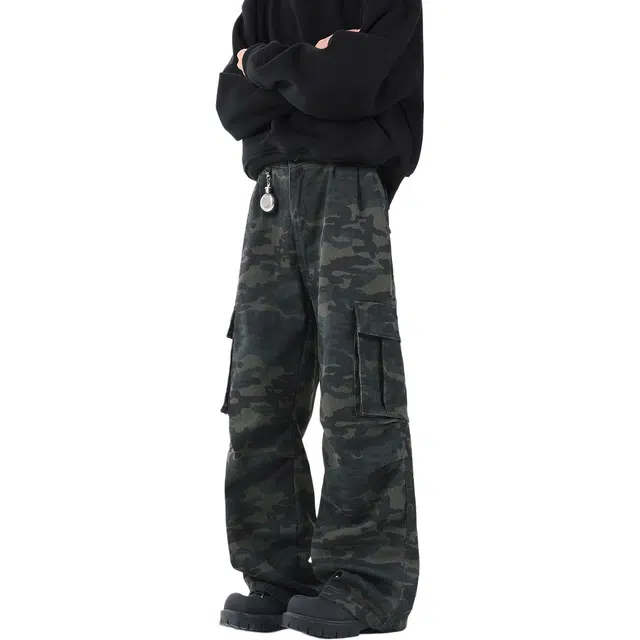 加荣 美式多口袋迷彩工装裤男装宽松休闲直筒裤男式复古阔腿裤男款百搭褶皱弯刀裤男生设计感小众男士拖地长裤 男女同款