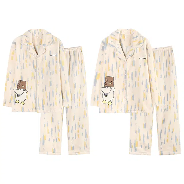 向薇 情侣男士加绒加厚长袖春秋冬季女士法兰绒保暖可外穿家居服睡衣套装 男女同款