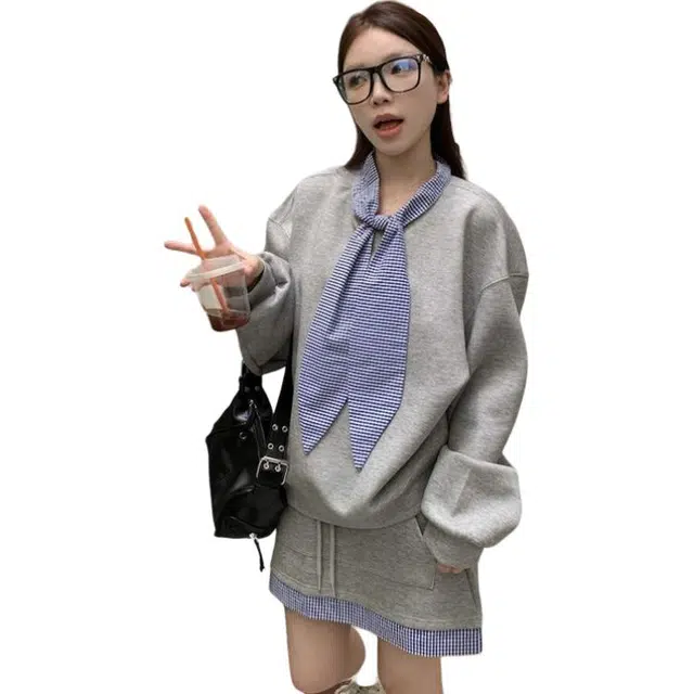 桴生 休闲风时尚简约格子系带拼接卫衣抽绳高腰包臀半身短裙两件套裙装套装 女款