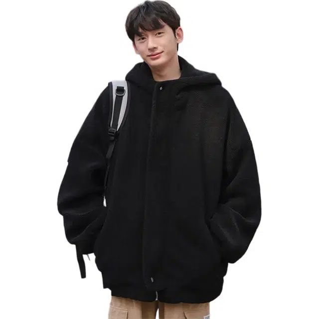 拓菲 羊羔绒棉衣外套男冬季款加厚保暖日系潮牌冬装连帽棉服 男女同款