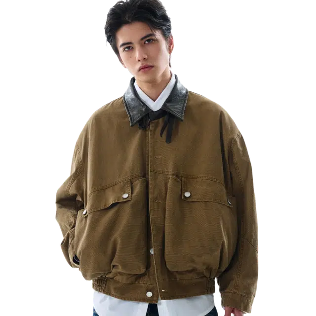 一碗士多  大口袋翻领廓形水洗帆布撞色静默美式复古哈灵顿高级感无性别主义宽松舒适百搭日常城市通勤情侣出街拍照痞帅风棒球服 男女同款