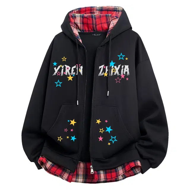 一人之下 假两件格纹连帽潮牌嘻哈街头开衫外套美式复古高街创意星星涂鸦字母印花休闲百搭舒适个性拉链卫衣 男女同款